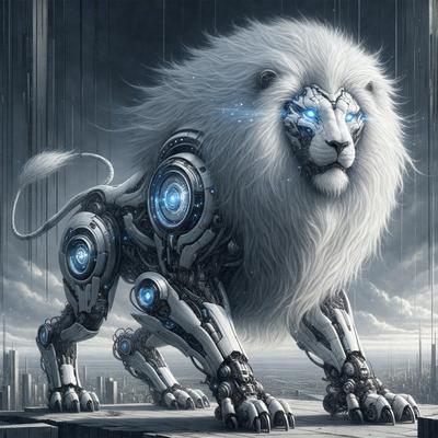 Primary subject: A white lion with blue eyes and a mechanical body.

Setting/background: The lion is standing on a platform or a building, with a cityscape in the background.

Visual style: The image is a digital art or illustration, featuring a futuristic lion with a mechanical body.

Colors and mood: The lion has a white and blue color scheme, giving it a futuristic and technological appearance. The cityscape in the background adds a sense of